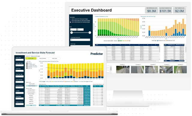 Screenshots of Predictor our capital planning software uses predictive modeling and analyzes big data to model long-term funding and service scenarios